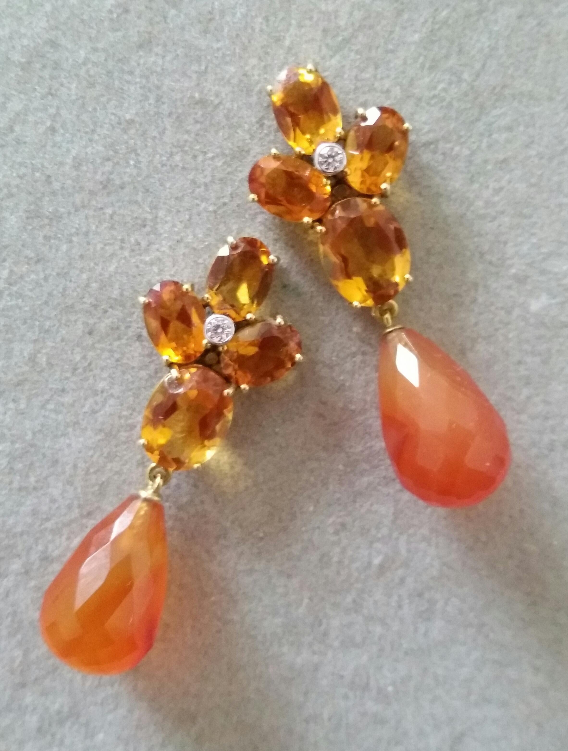 Oval Cut Faceted Cognac Citrines Yellow Gold Diamonds Faceted Carnelian Drops Earrings For Sale