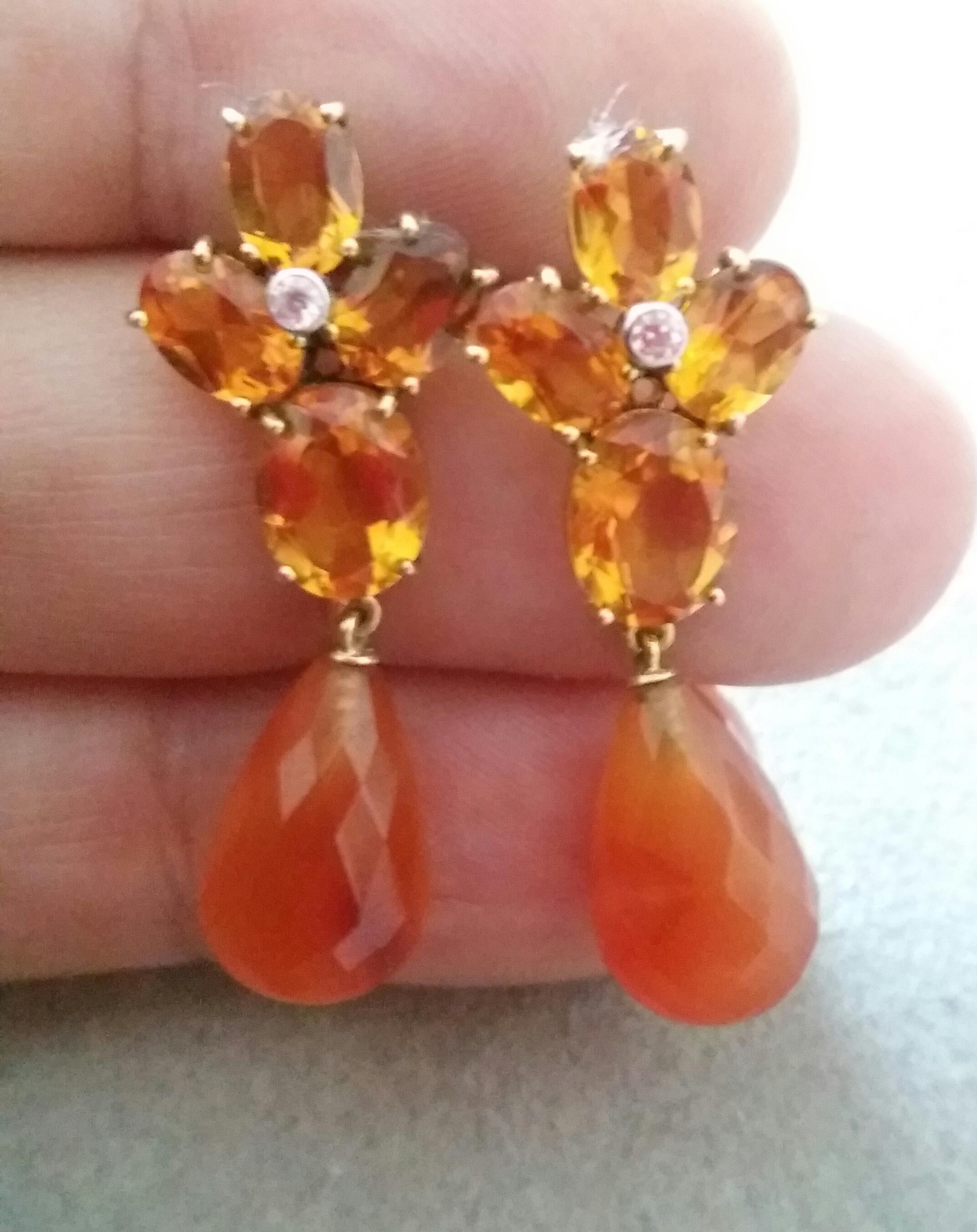 Women's Faceted Cognac Citrines Yellow Gold Diamonds Faceted Carnelian Drops Earrings