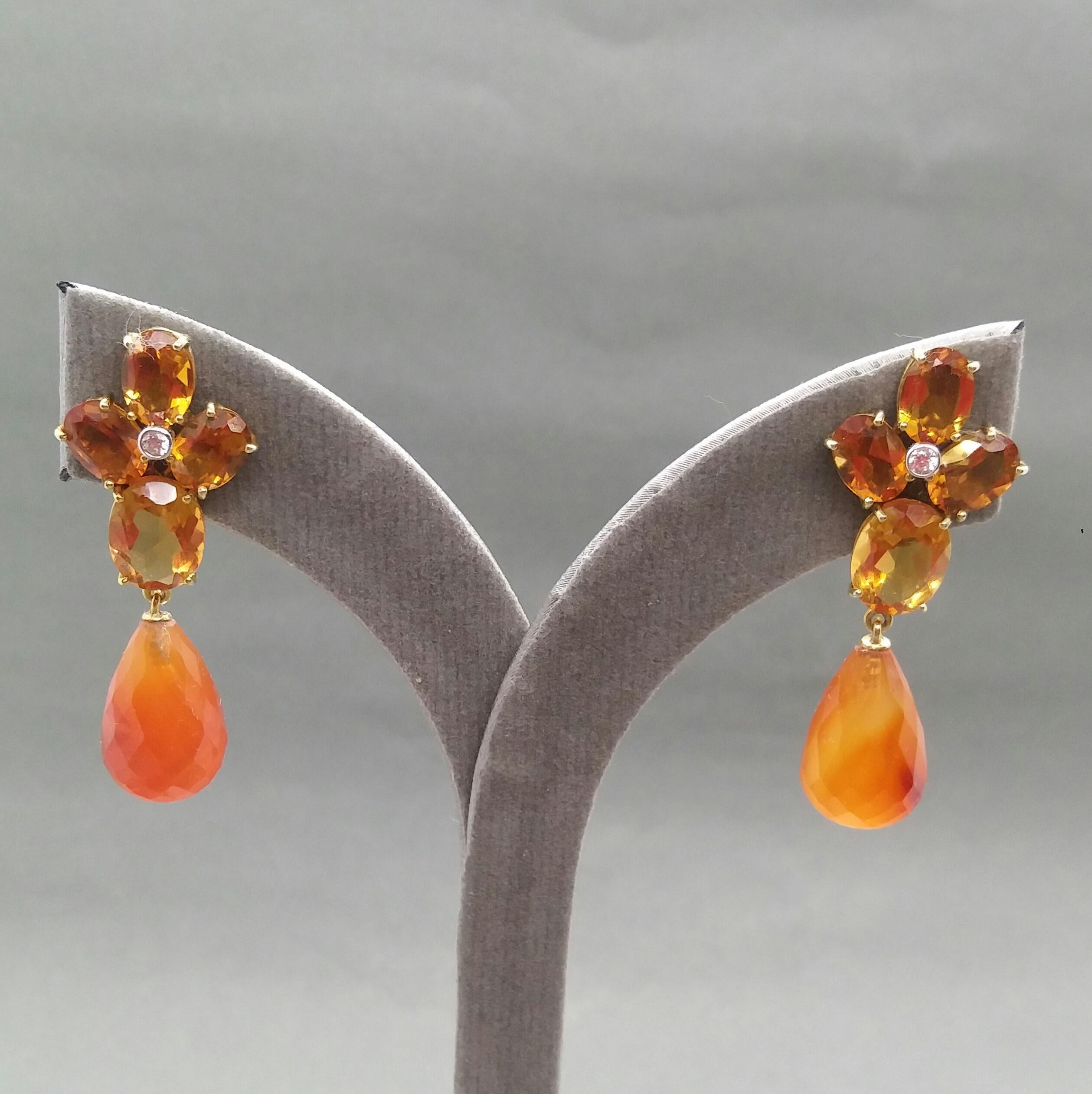 Faceted Cognac Citrines Yellow Gold Diamonds Faceted Carnelian Drops Earrings 3