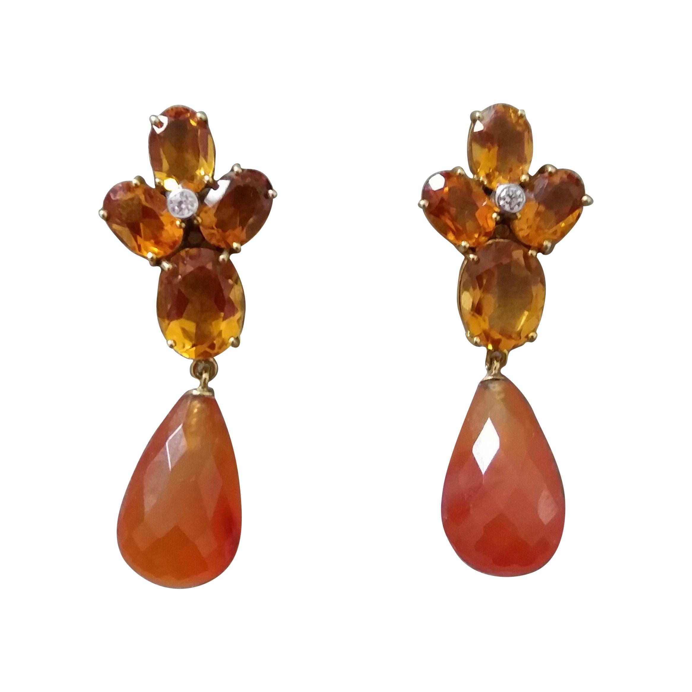 Faceted Cognac Citrines Yellow Gold Diamonds Faceted Carnelian Drops Earrings