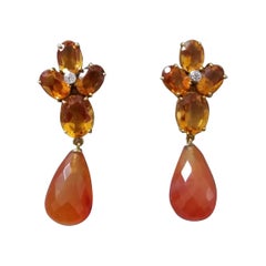 Faceted Cognac Citrines Yellow Gold Diamonds Faceted Carnelian Drops Earrings