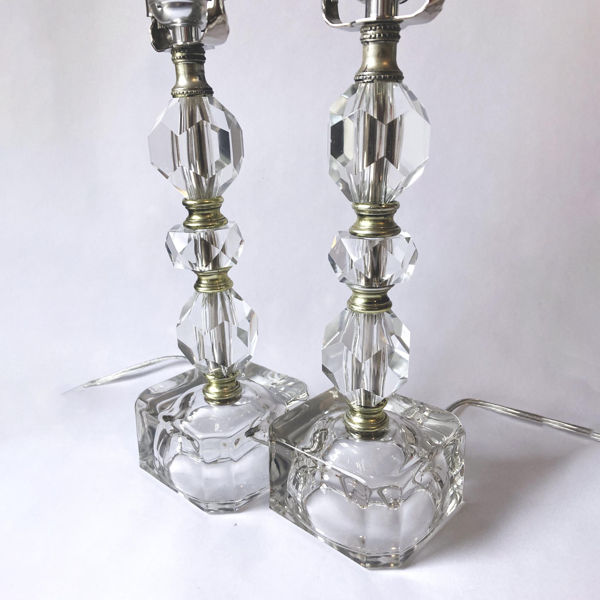 Mid-Century Modern Faceted Crystal and Glass Lamp Pair, 1950s, Newly Rewired For Sale