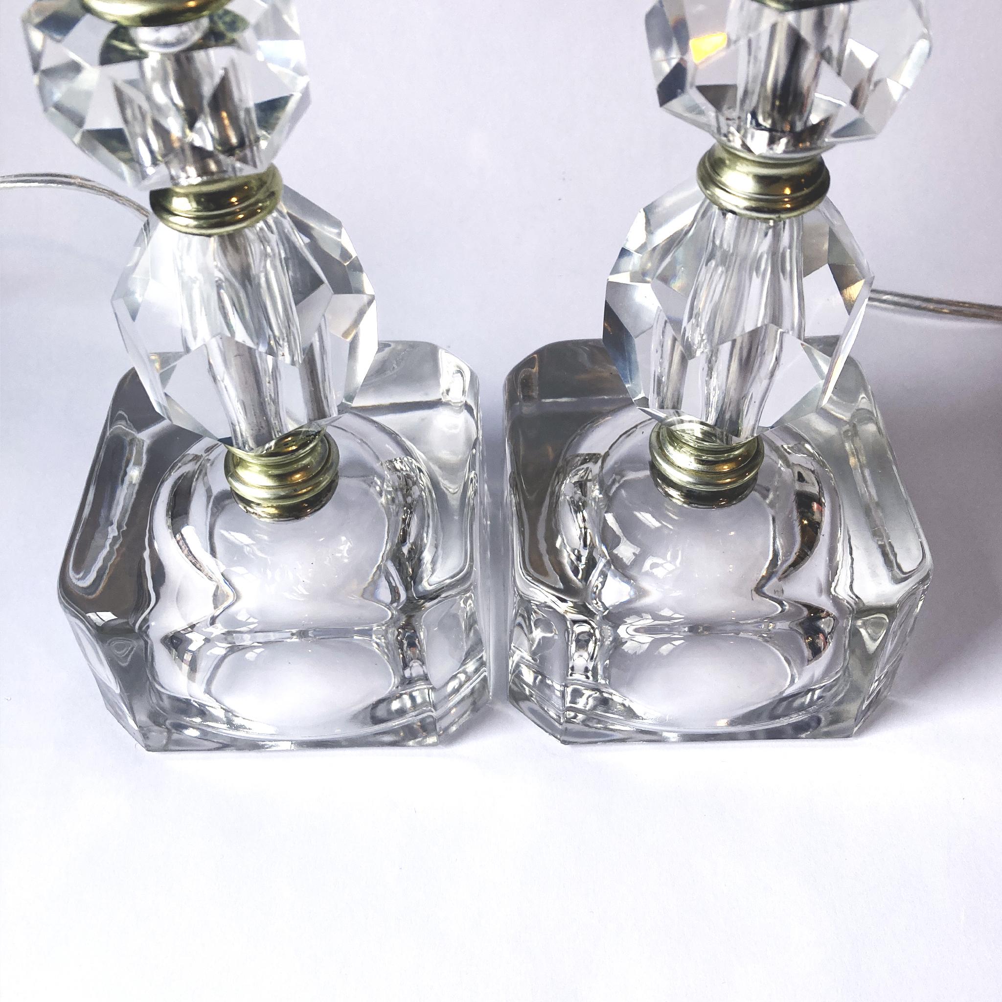 American Faceted Crystal and Glass Lamp Pair, 1950s, Newly Rewired For Sale