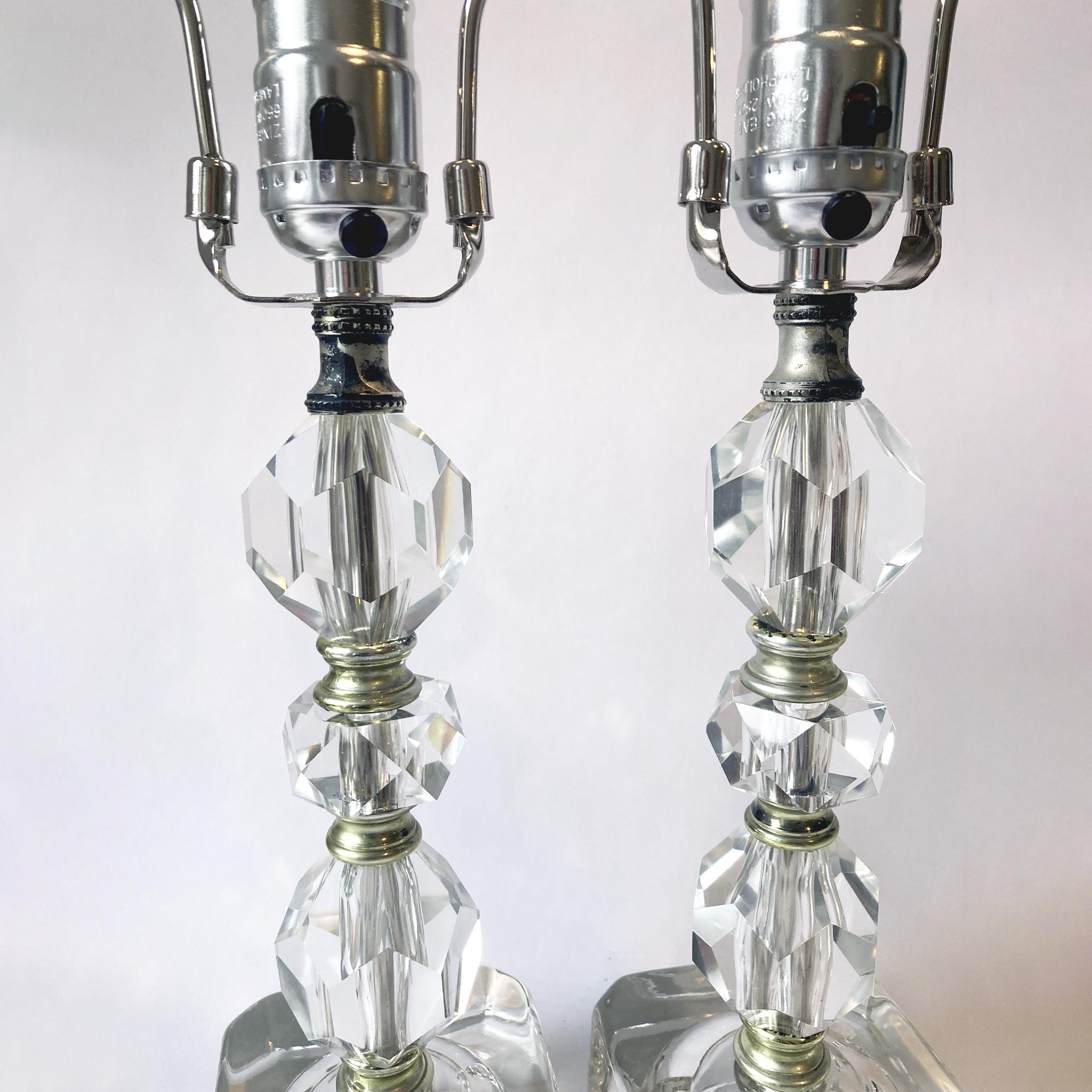 Faceted Crystal and Glass Lamp Pair, 1950s, Newly Rewired In Good Condition For Sale In New York, NY