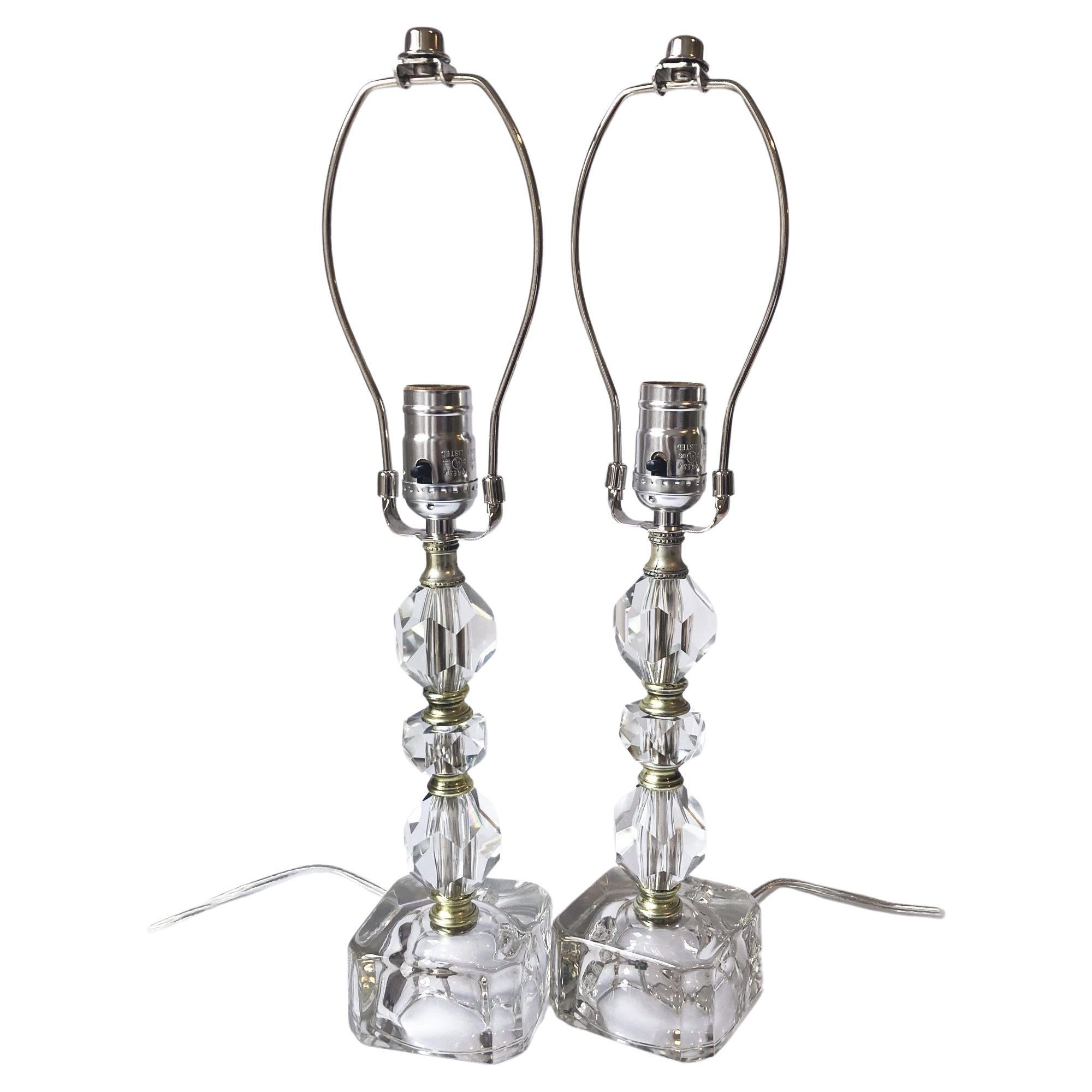 Faceted Crystal and Glass Lamp Pair, 1950s, Newly Rewired For Sale