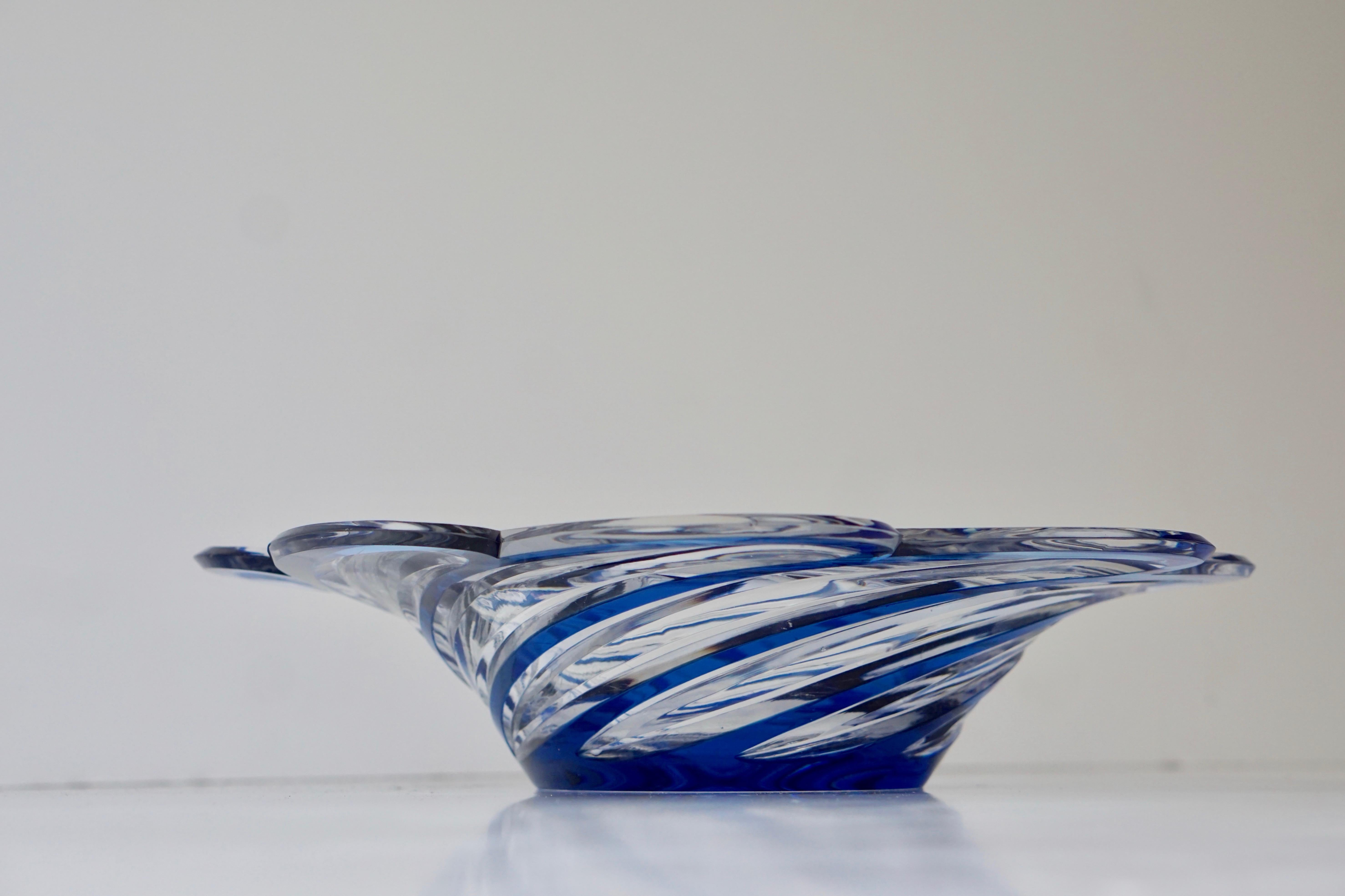 Italian Faceted Crystal Bowl with Sapphire Blue Color, 20th Century
