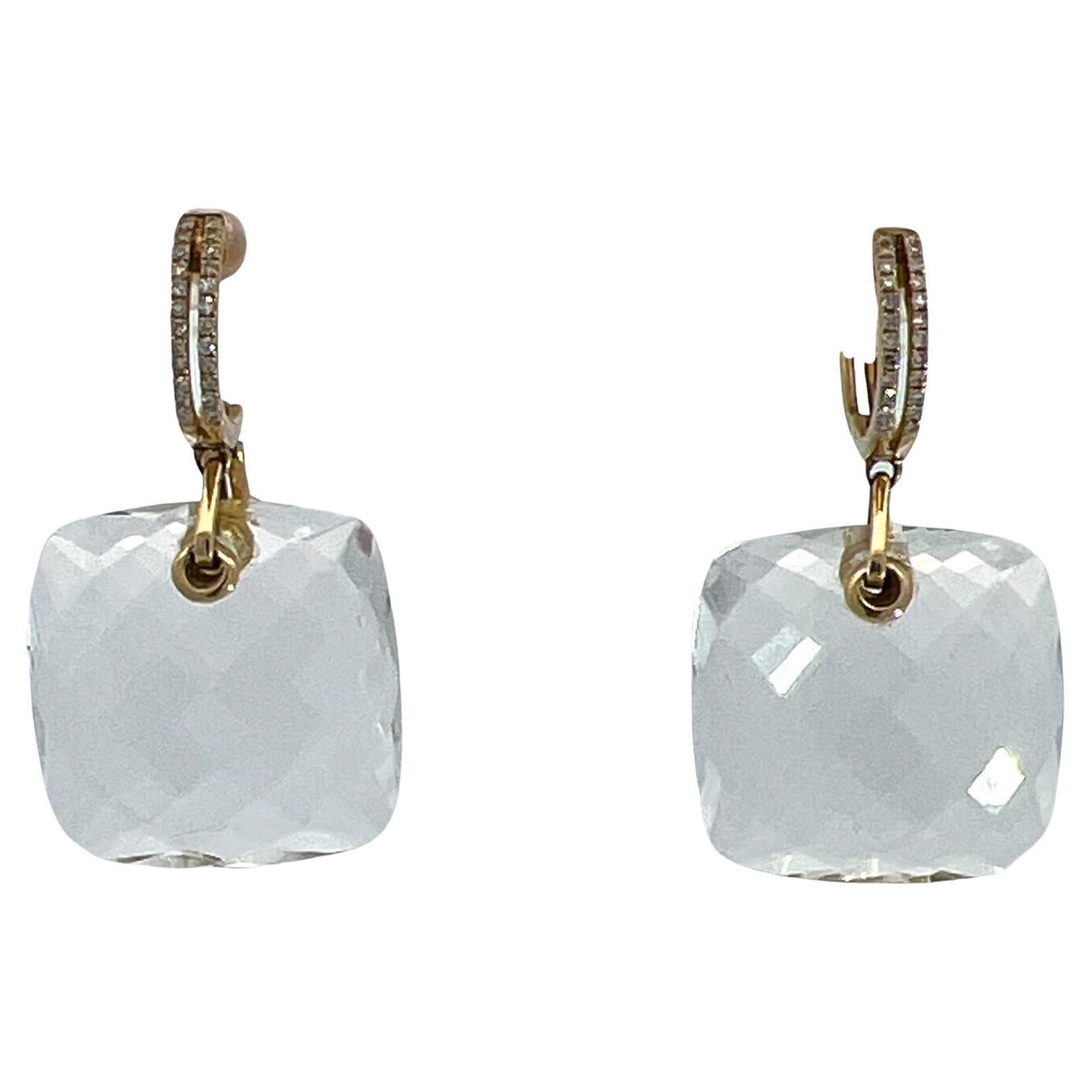 Faceted Crystal Diamond Huggie Hoop 14 Karat Yellow Gold Drop Earrings  For Sale