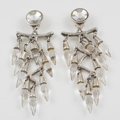 Faceted Crystal Drops Chandelier Silver Plate Clip Earrings