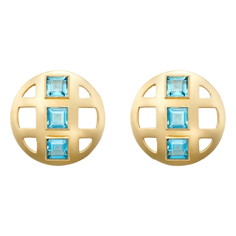 Susan Lister Locke Faceted Topaz Lattice Earrings set in 18K Gold, London Blue For Sale
