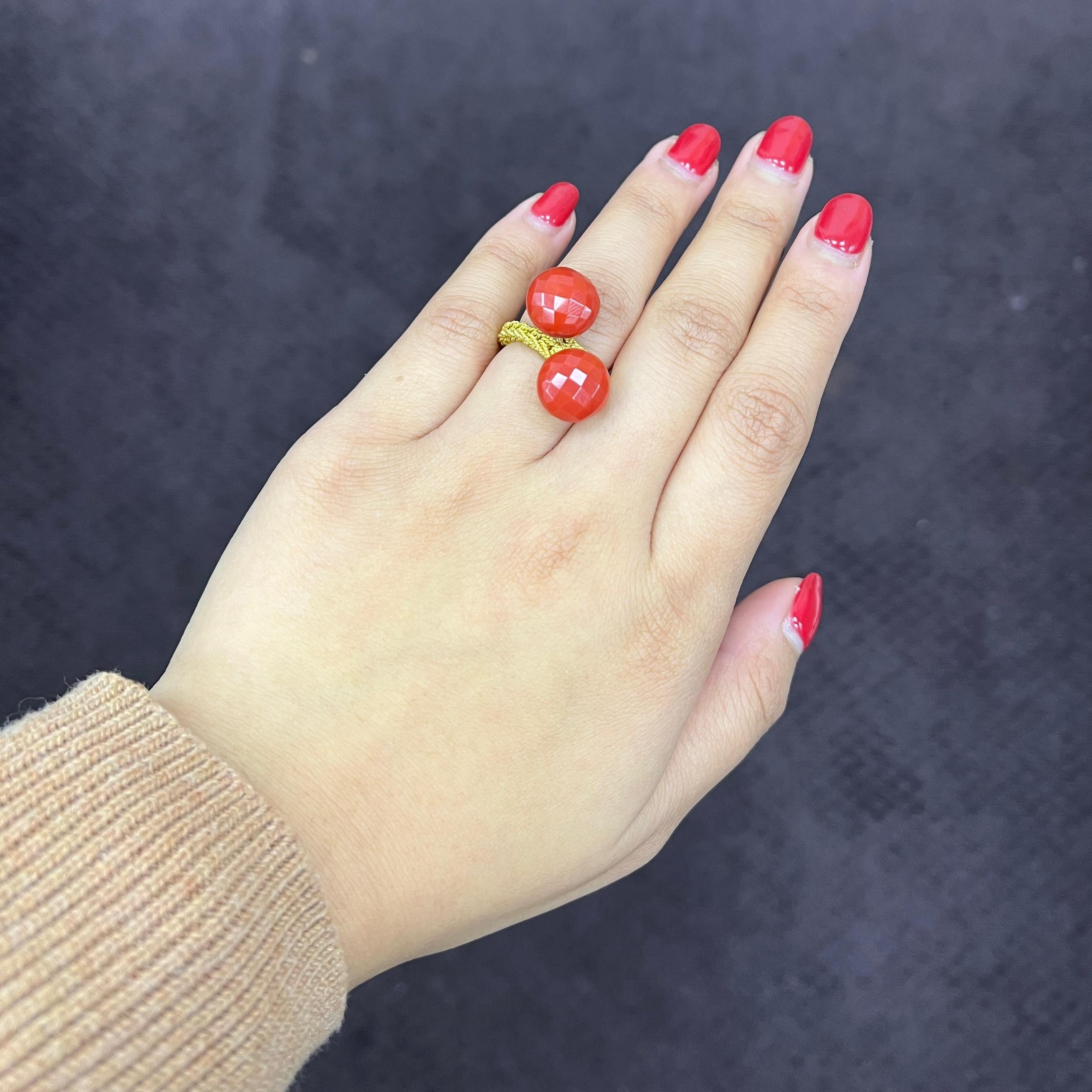 Faceted Double Coral Gold Ring  For Sale 6