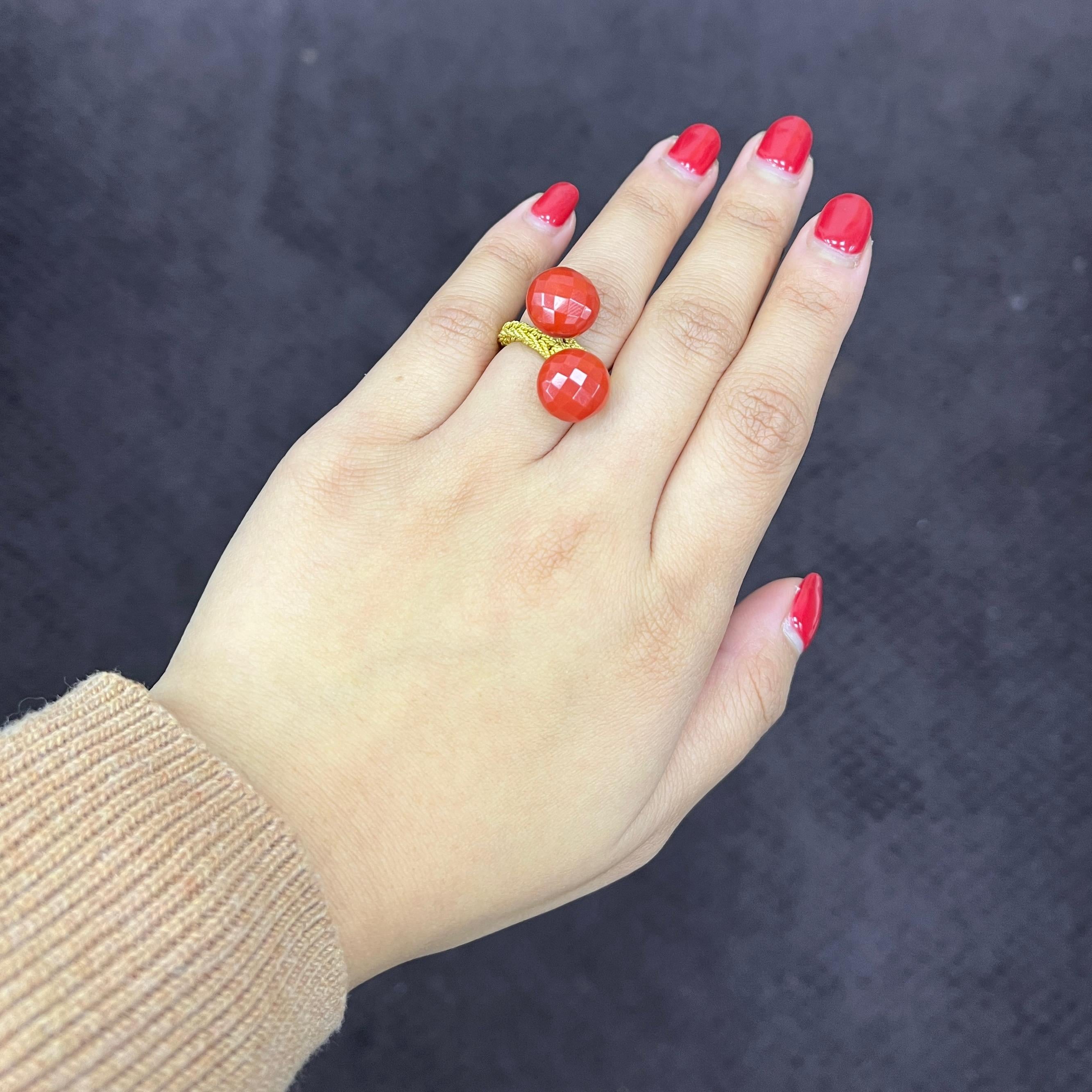 Faceted Double Coral Gold Ring For Sale 6