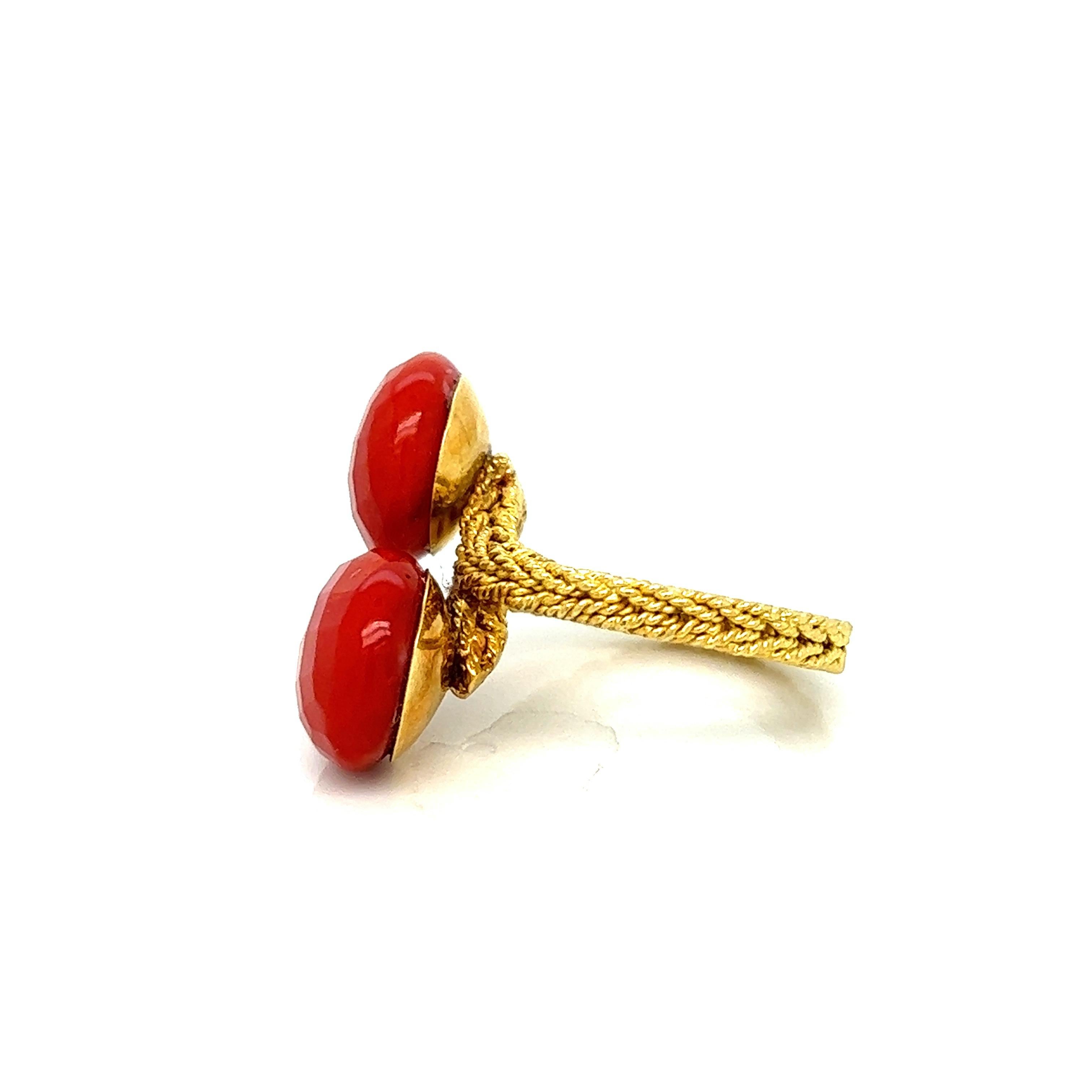 Faceted Double Coral Gold Ring  For Sale 2