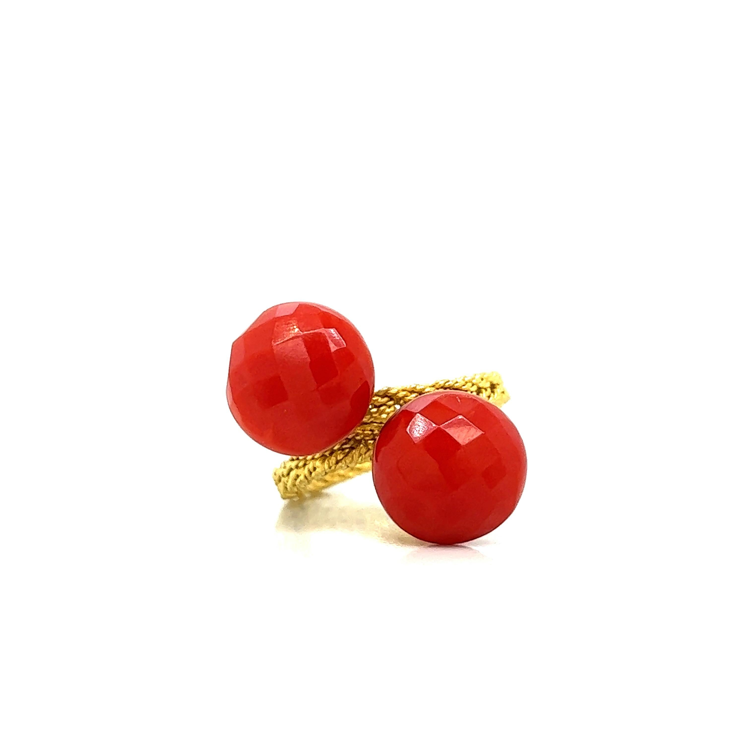 Faceted Double Coral Gold Ring For Sale 4