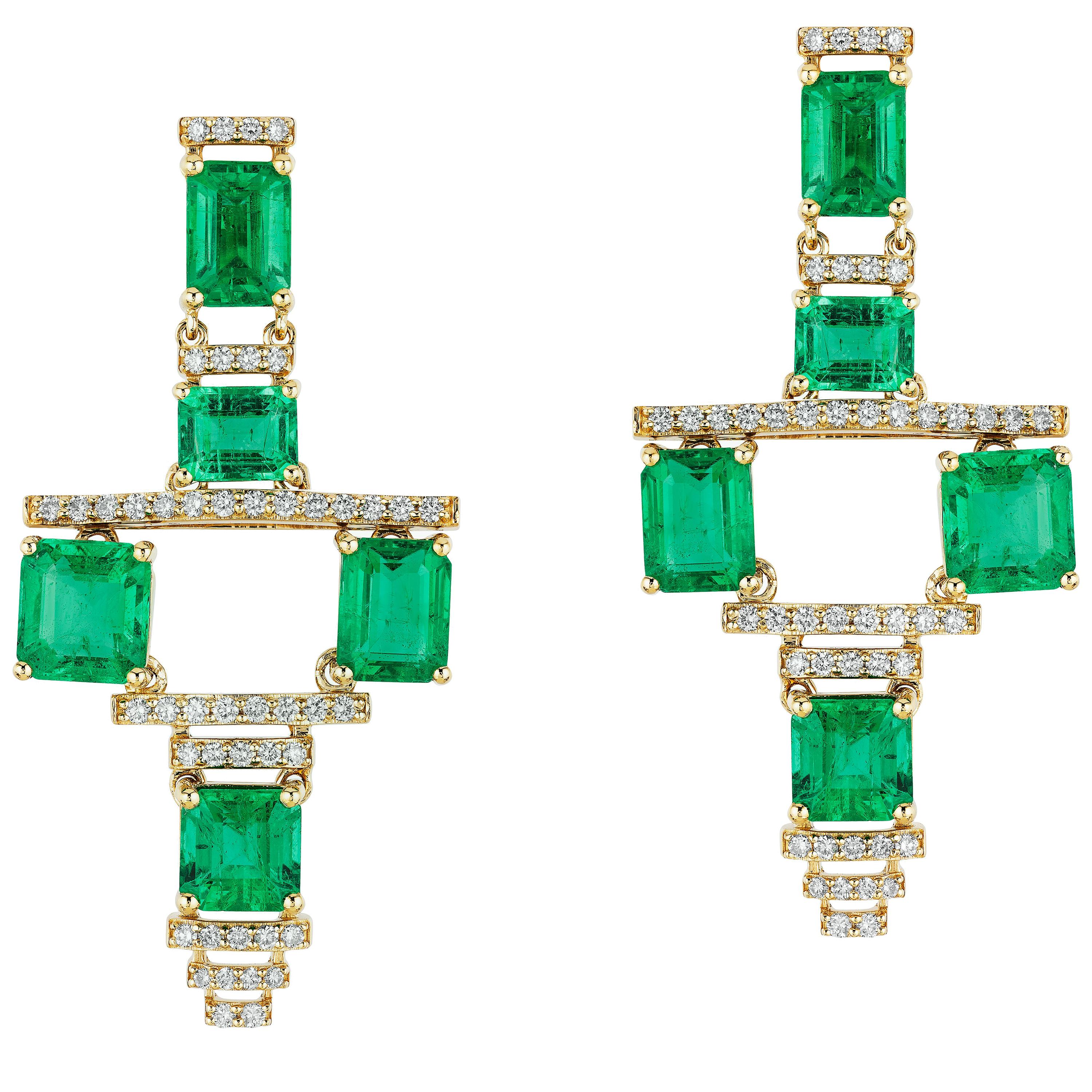 Faceted E-Cut Emerald Cyborg And Diamond Earrings