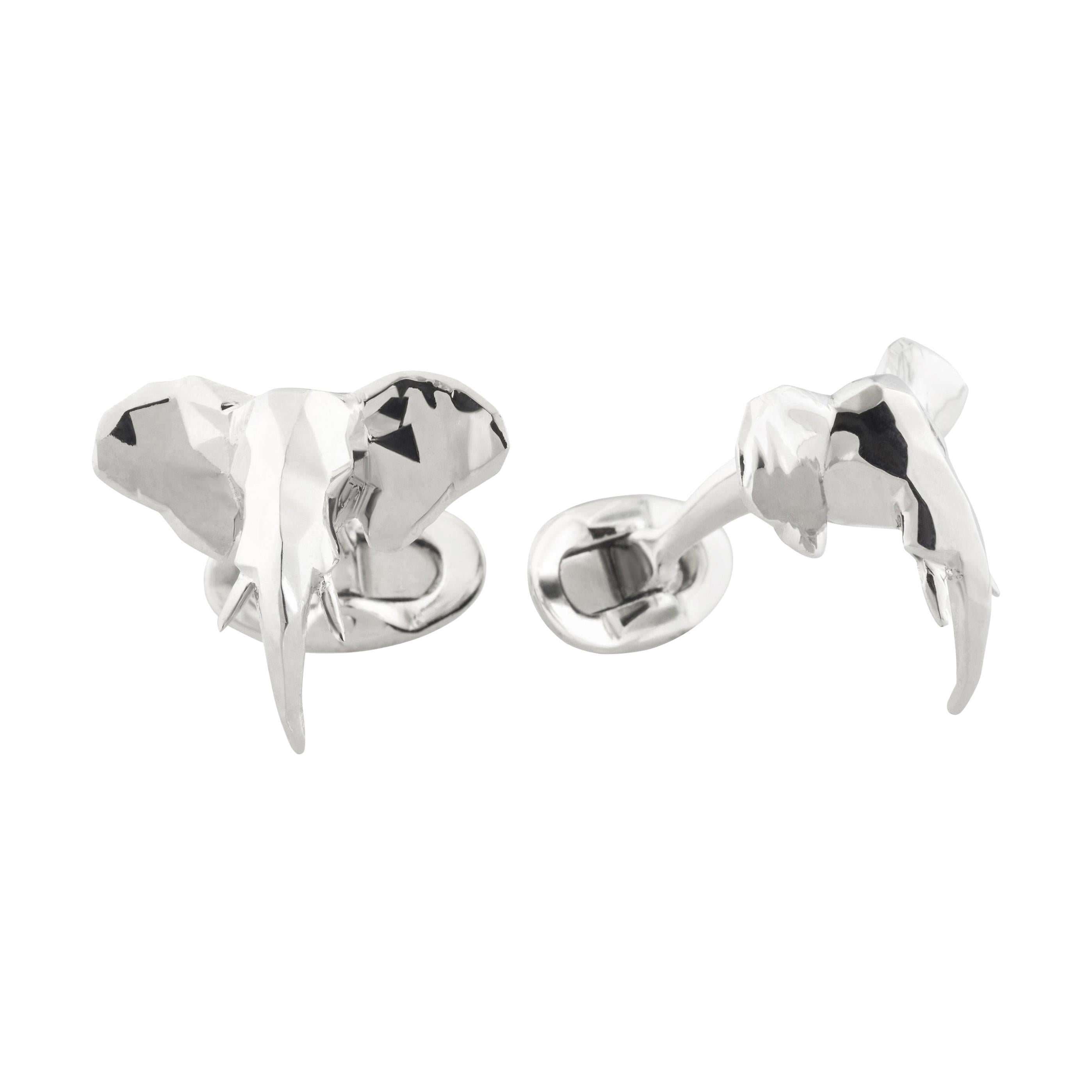 Faceted Elephant Head Cufflinks in Sterling Silver by Fils Unique