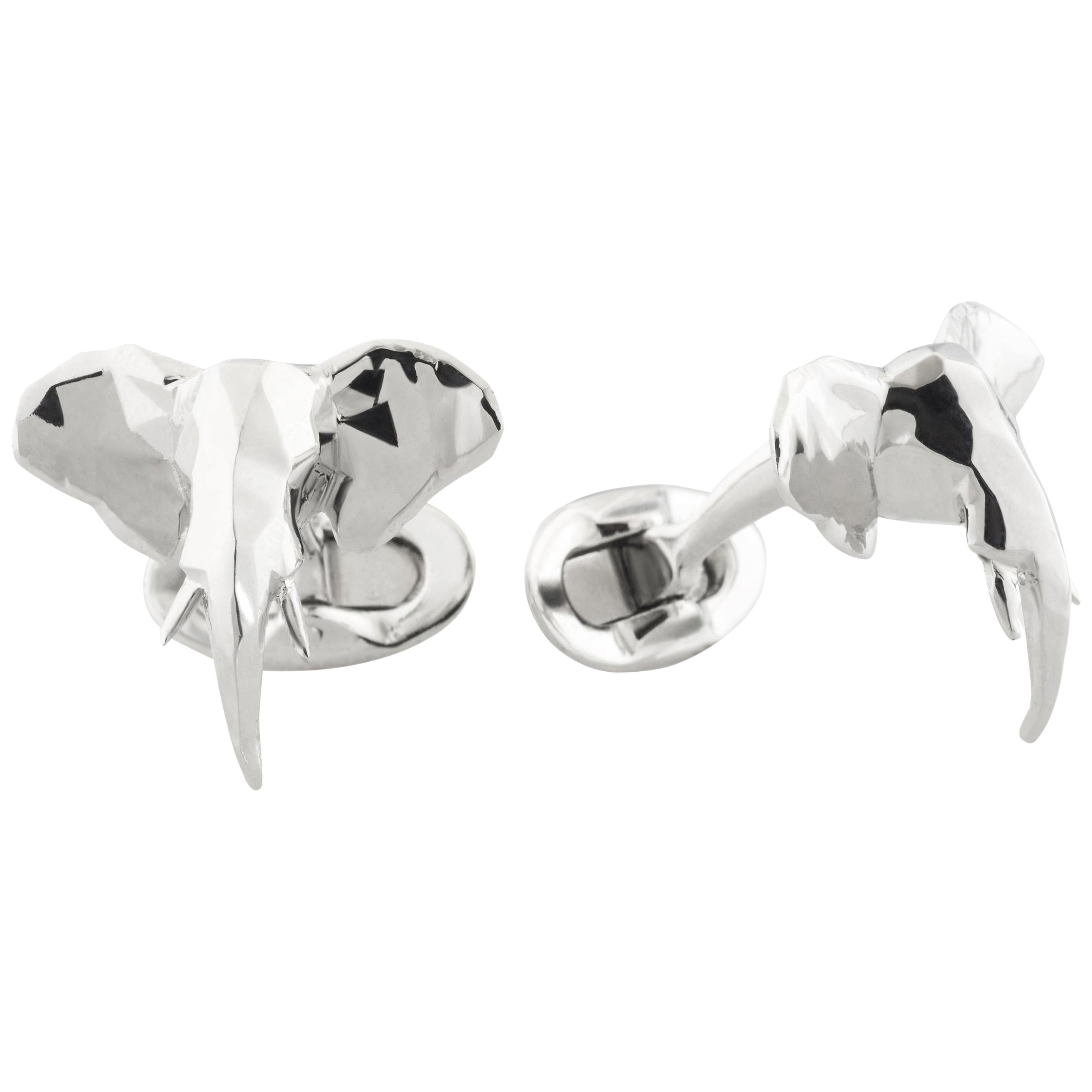 Faceted Elephant Head Cufflinks in Sterling Silver by Fils Unique