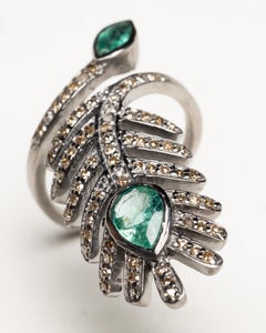Faceted Emerald and Diamonds Feather Motif Cocktail Ring