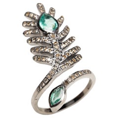 Faceted Emerald and Diamonds Feather Motif Cocktail Ring