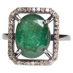 Faceted Emerald and Pave-Diamond Ring