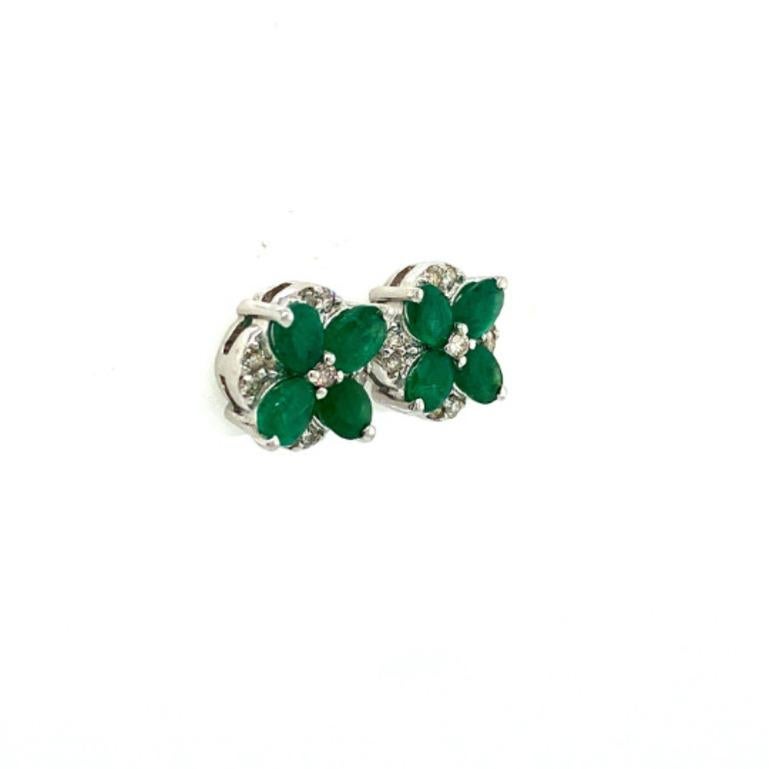 Art Deco Faceted Emerald Diamond Flower Stud Earrings Crafted in Sterling Silver For Sale