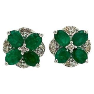 Faceted Emerald Diamond Flower Stud Earrings Crafted in Sterling Silver For Sale