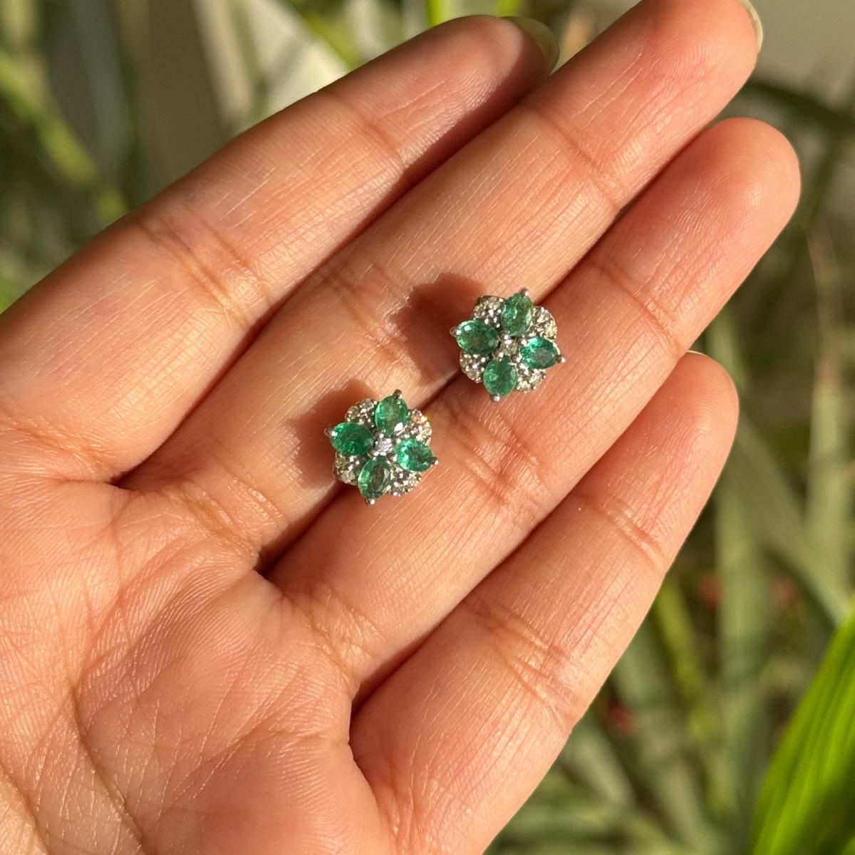 Faceted Emerald Diamond Flower Stud Earrings for Mom Crafted in Sterling Silver For Sale 4