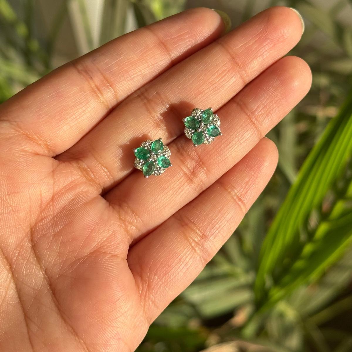 Faceted Emerald Diamond Flower Stud Earrings for Mom Crafted in Sterling Silver For Sale 5