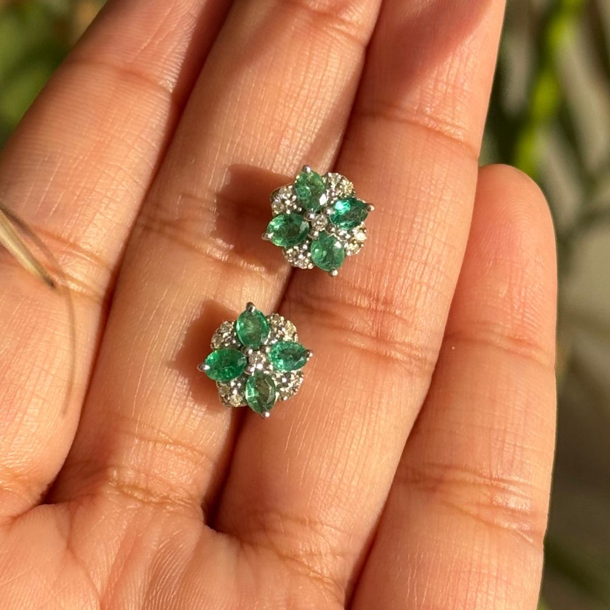 Oval Cut Faceted Emerald Diamond Flower Stud Earrings for Mom Crafted in Sterling Silver For Sale