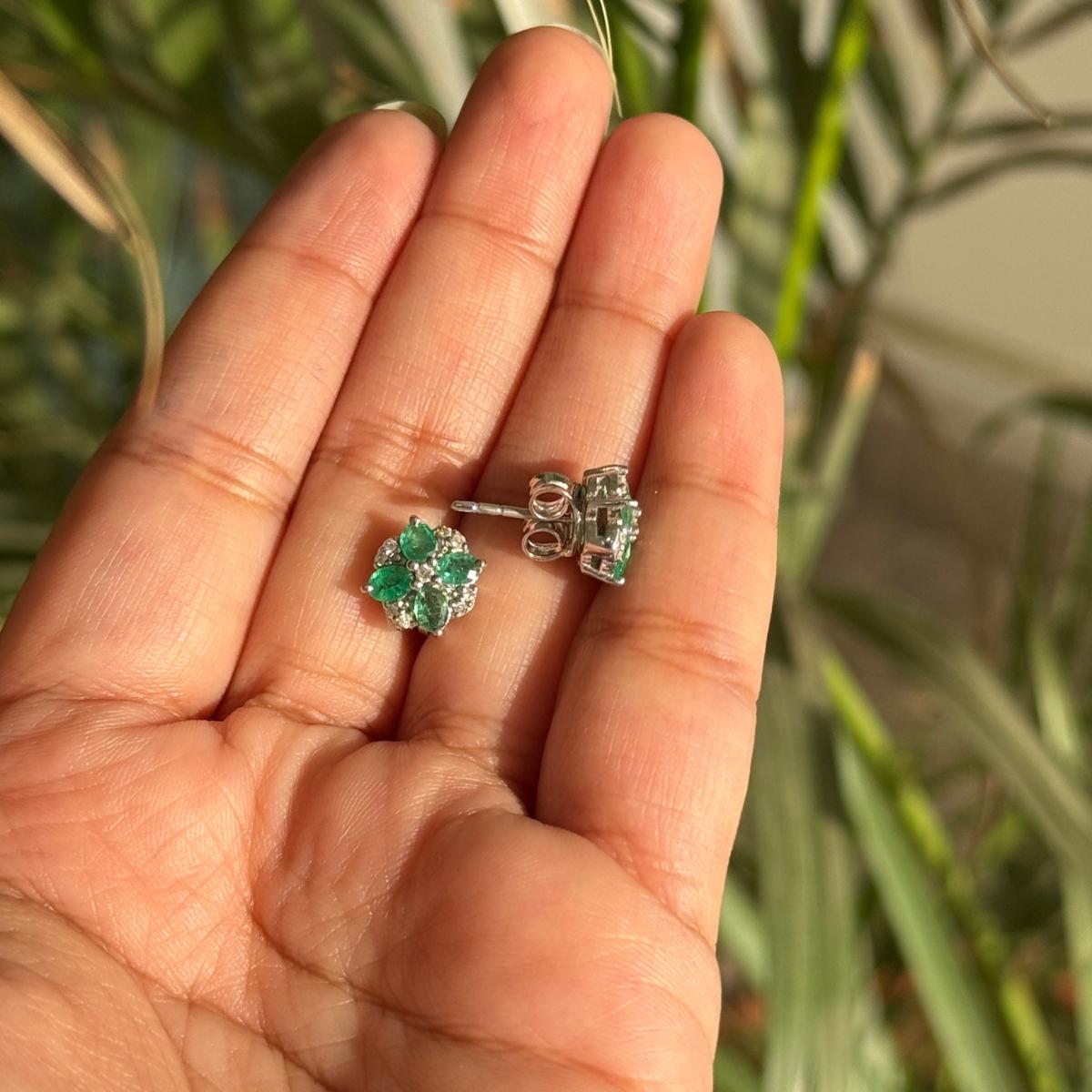 Faceted Emerald Diamond Flower Stud Earrings for Mom Crafted in Sterling Silver For Sale 2
