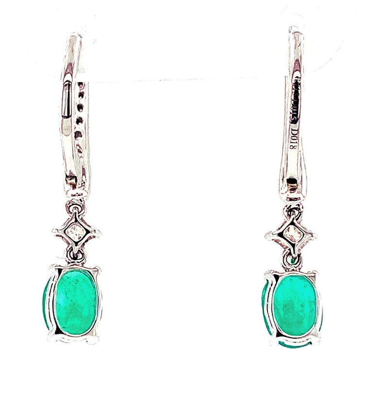 Oval Cut Faceted Emerald Oval and Diamond Line, White Gold Elongated Drop Earrings For Sale