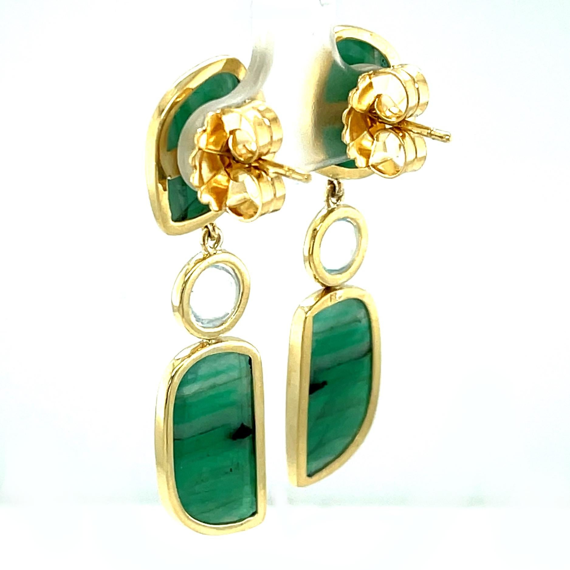 Artisan Faceted Emerald Slice and Rainbow Moonstone Dangle Earrings in 18k Yellow Gold For Sale