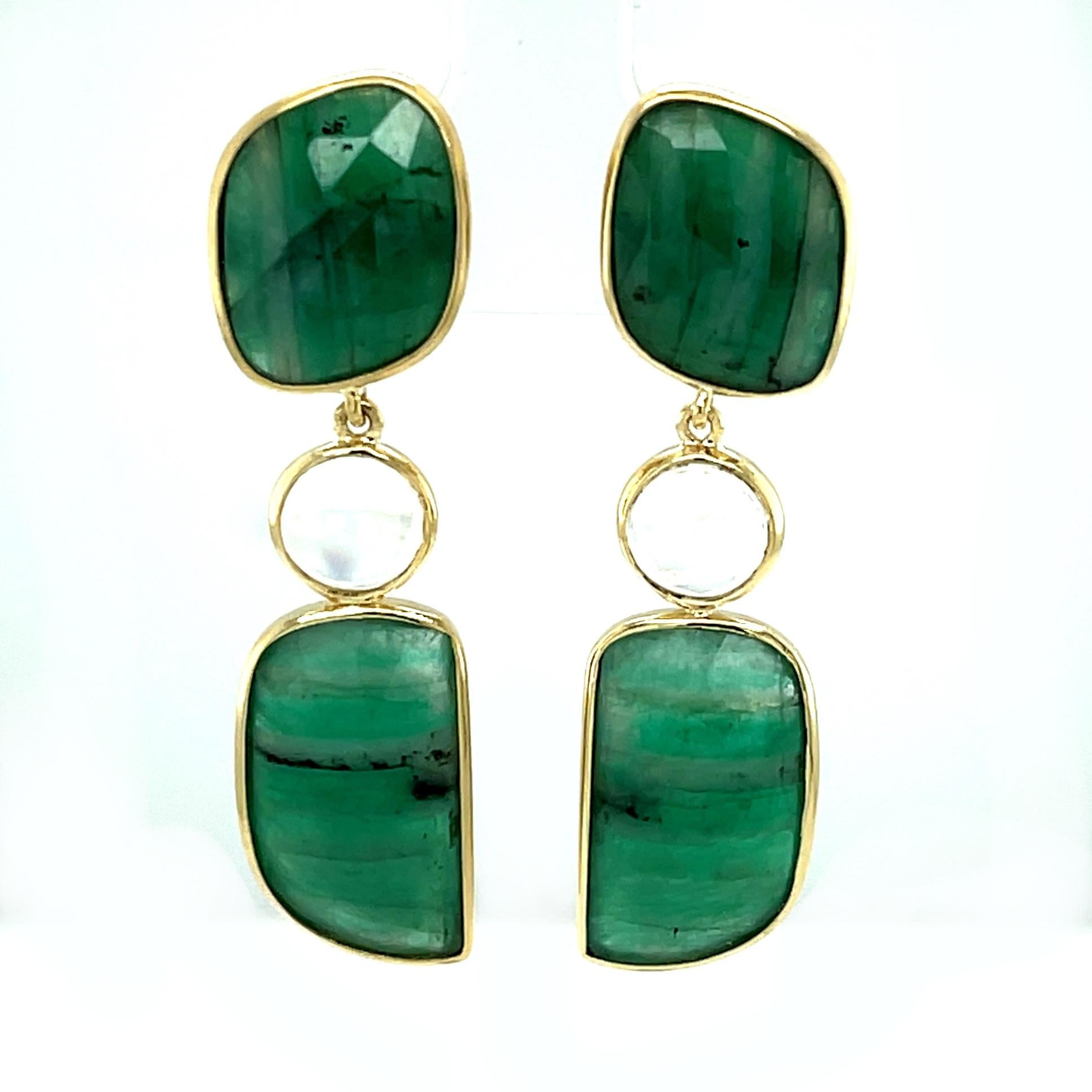 Mixed Cut Faceted Emerald Slice and Rainbow Moonstone Dangle Earrings in 18k Yellow Gold For Sale