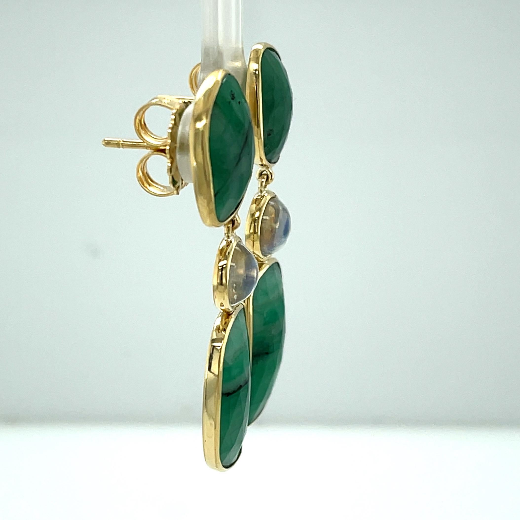 Faceted Emerald Slice and Rainbow Moonstone Dangle Earrings in 18k Yellow Gold For Sale 3