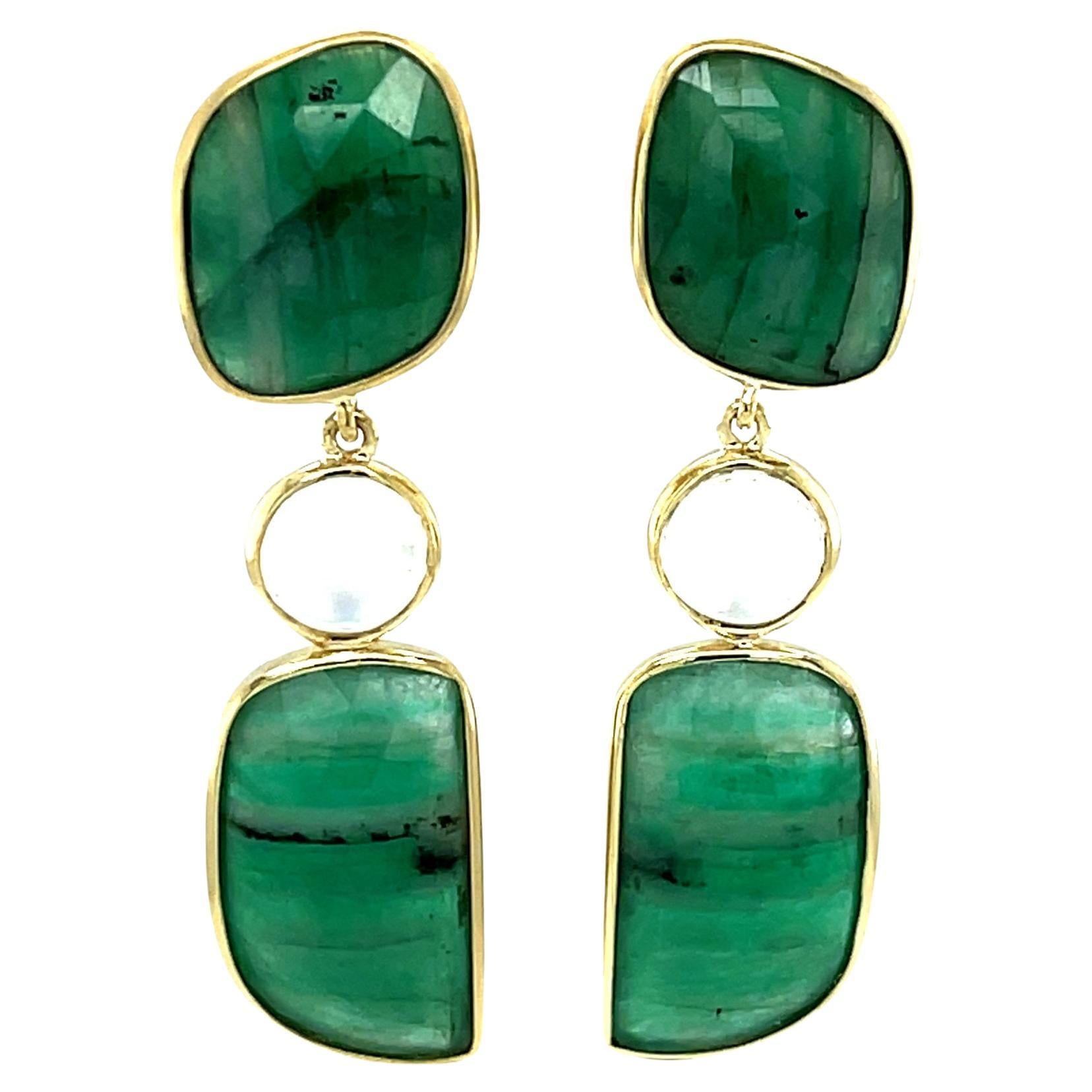 Faceted Emerald Slice and Rainbow Moonstone Dangle Earrings in 18k Yellow Gold For Sale