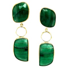 Faceted Emerald Slice and Rainbow Moonstone Dangle Earrings in 18k Yellow Gold