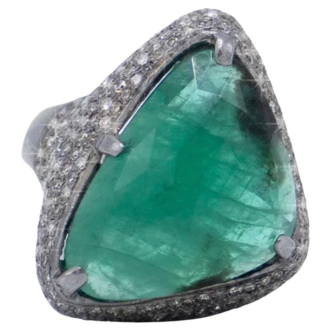 Faceted Emerald with Pave Diamond Paradizia Ring