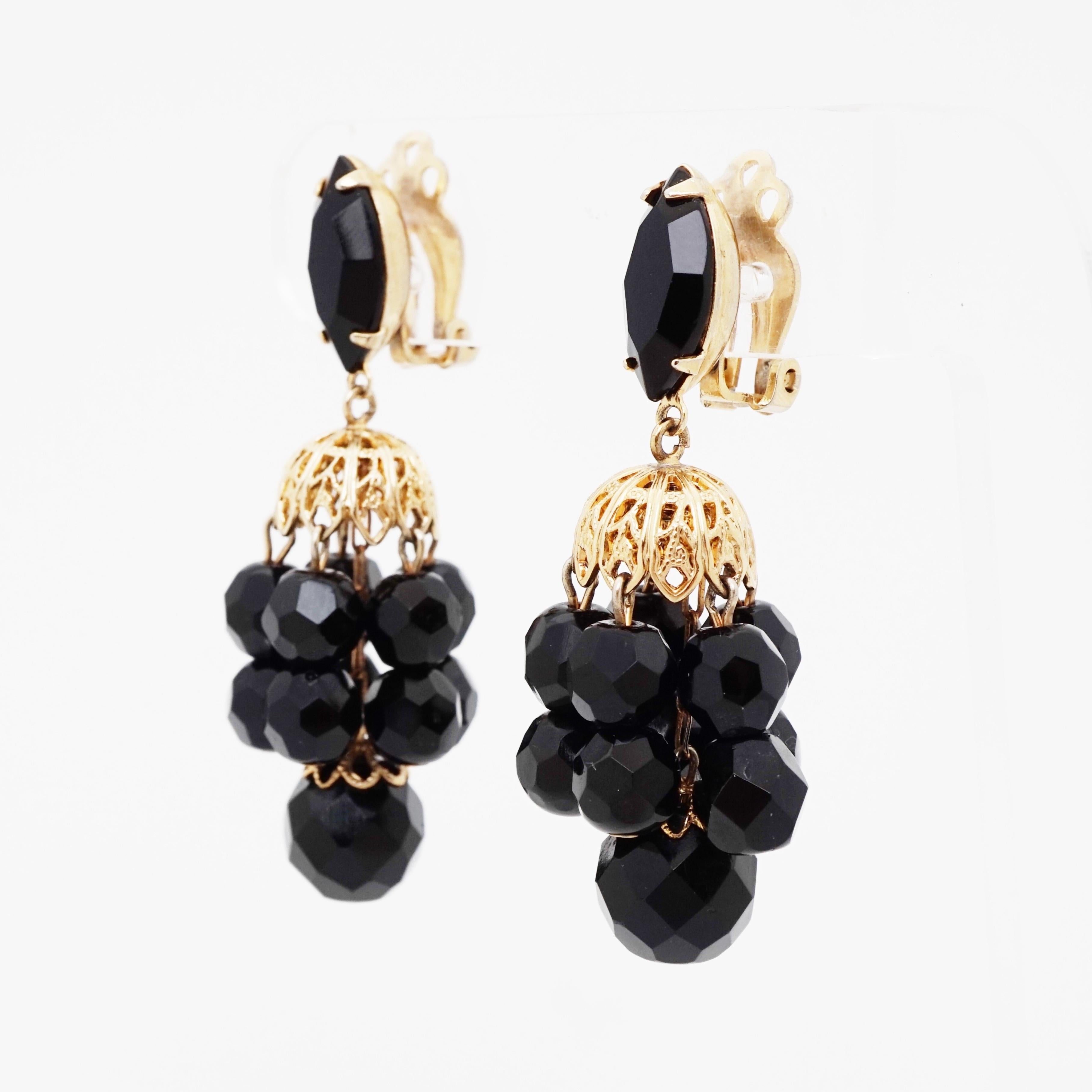 Modern Faceted Faux Onyx Bead Dangle Earrings By Lewis Segal, 1960s For Sale