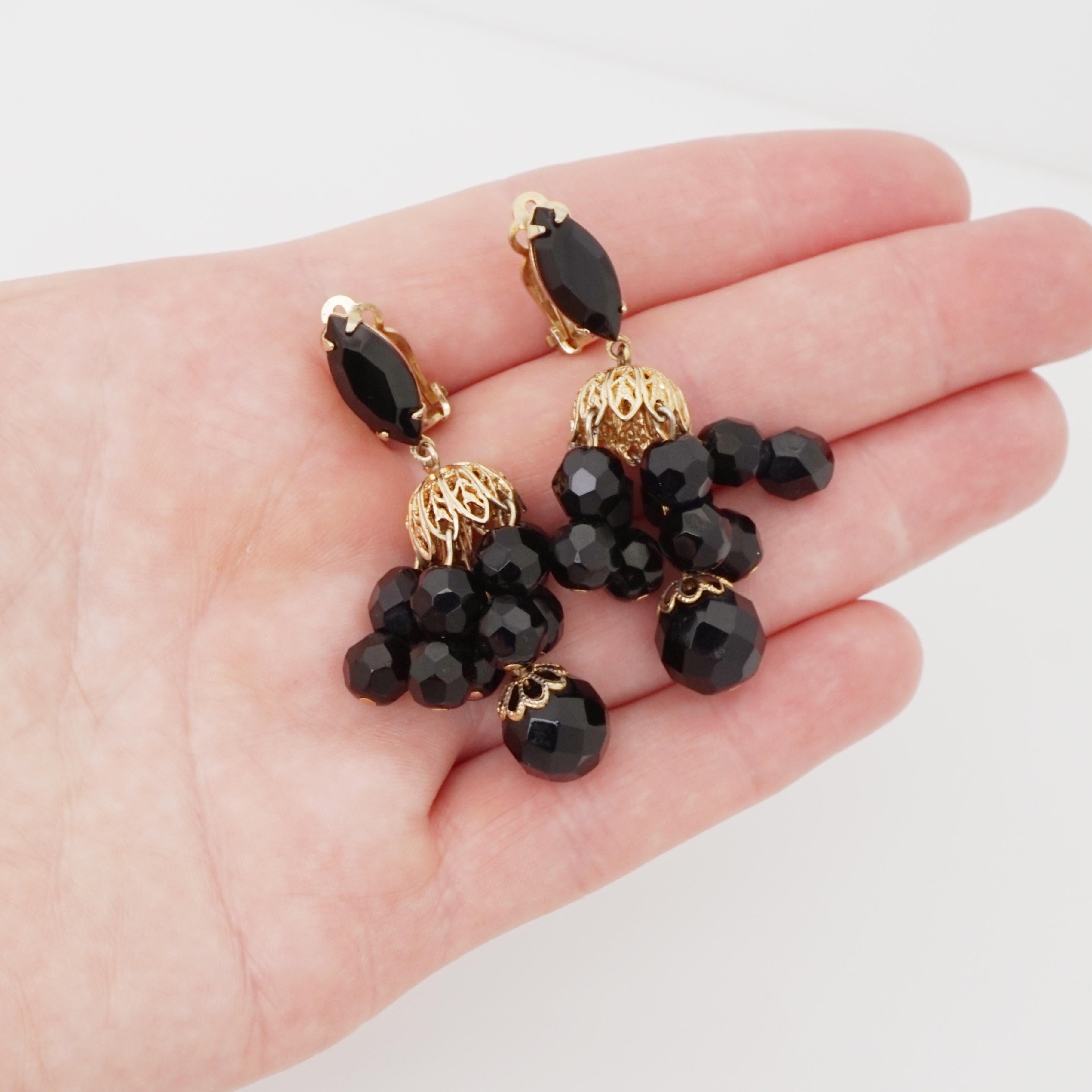 Faceted Faux Onyx Bead Dangle Earrings By Lewis Segal, 1960s For Sale 1