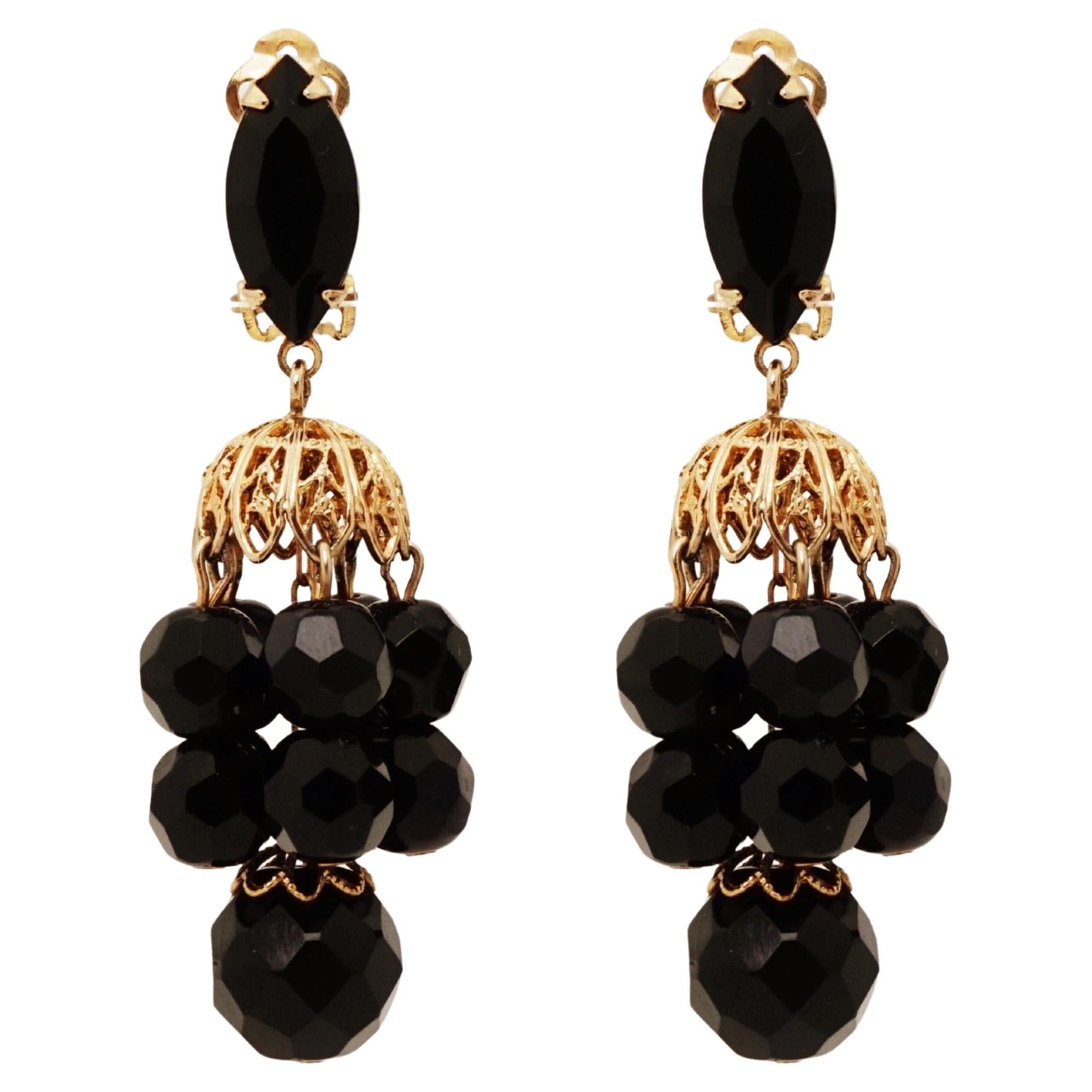 Faceted Faux Onyx Bead Dangle Earrings By Lewis Segal, 1960s For Sale