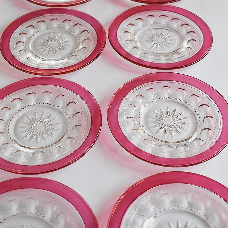Faceted Flashed Pink Cranberry Kings Crown Etched Tableware Set of 16 by Tiffin 1