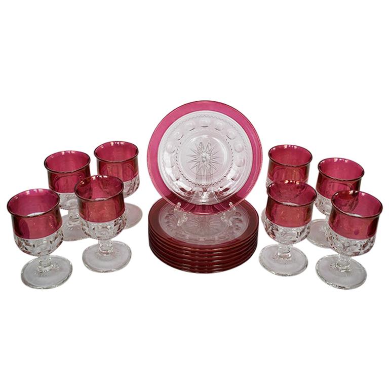Faceted Flashed Pink Cranberry Kings Crown Etched Tableware Set of 16 by Tiffin