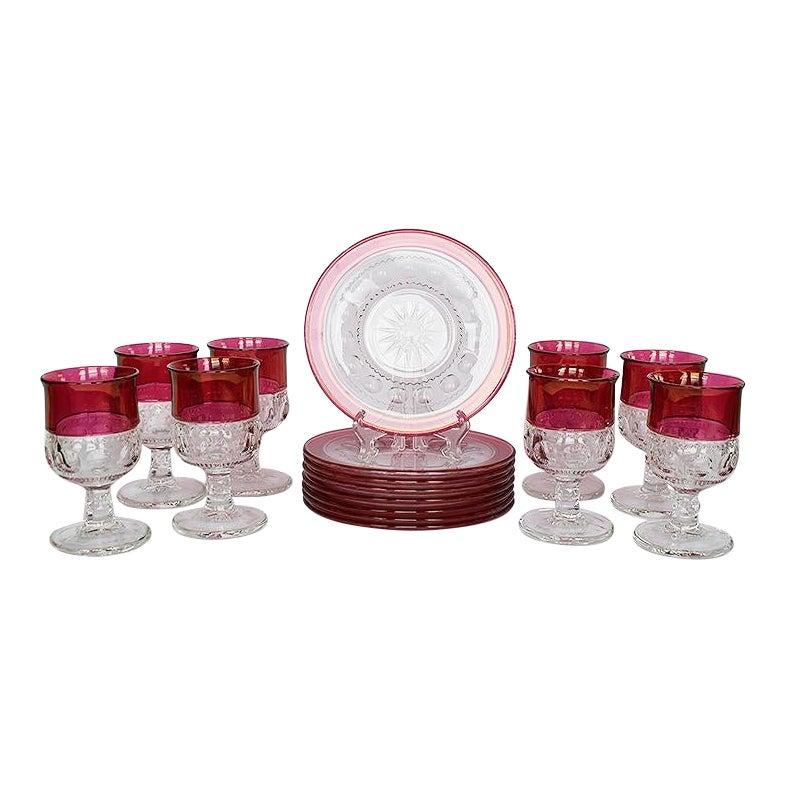 Faceted Flashed Pink Cranberry Kings Crown Etched Tableware Set of 16 by Tiffin 3