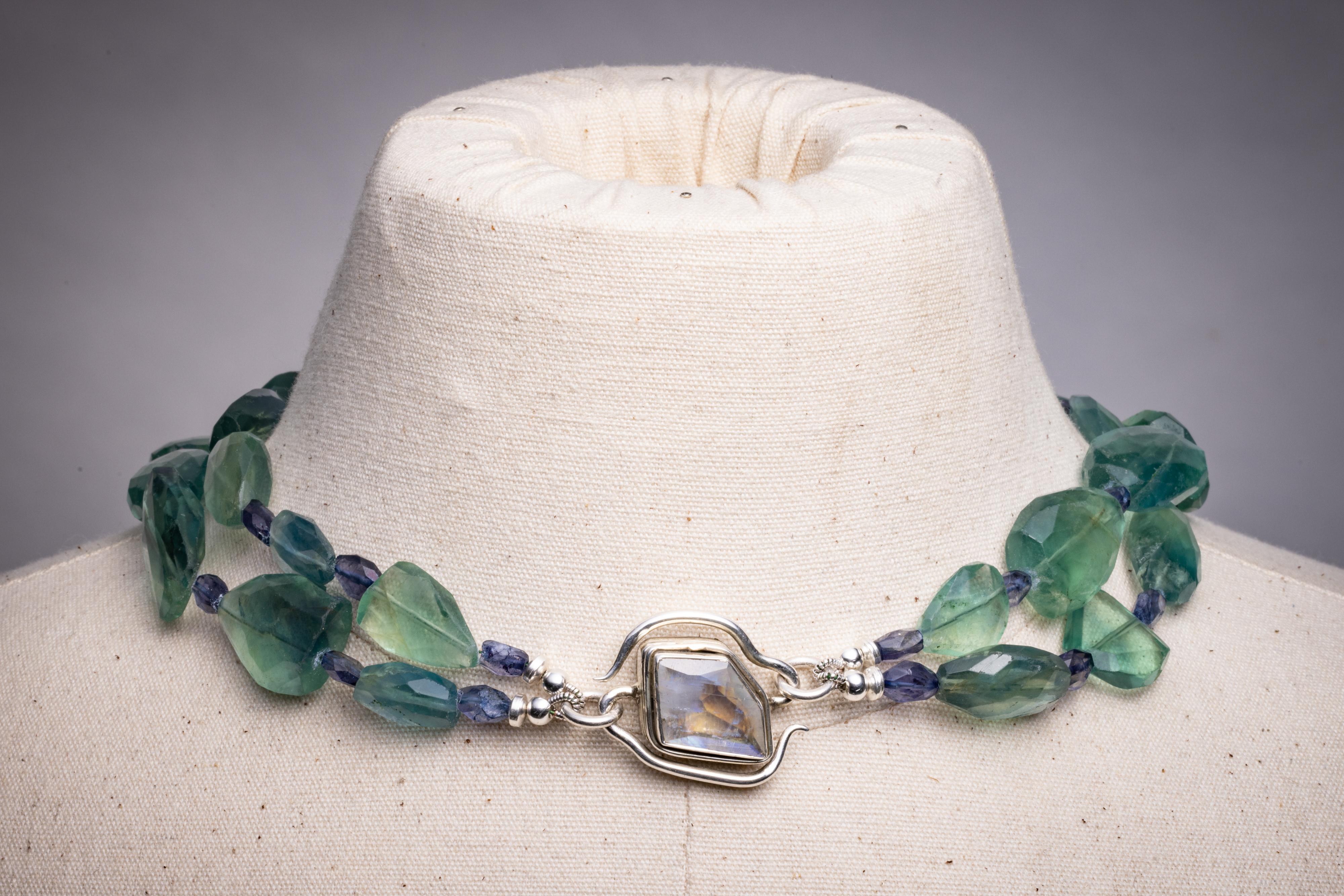 Tumbled Faceted Fluorite and Iolite Double Strand Beaded Necklace For Sale