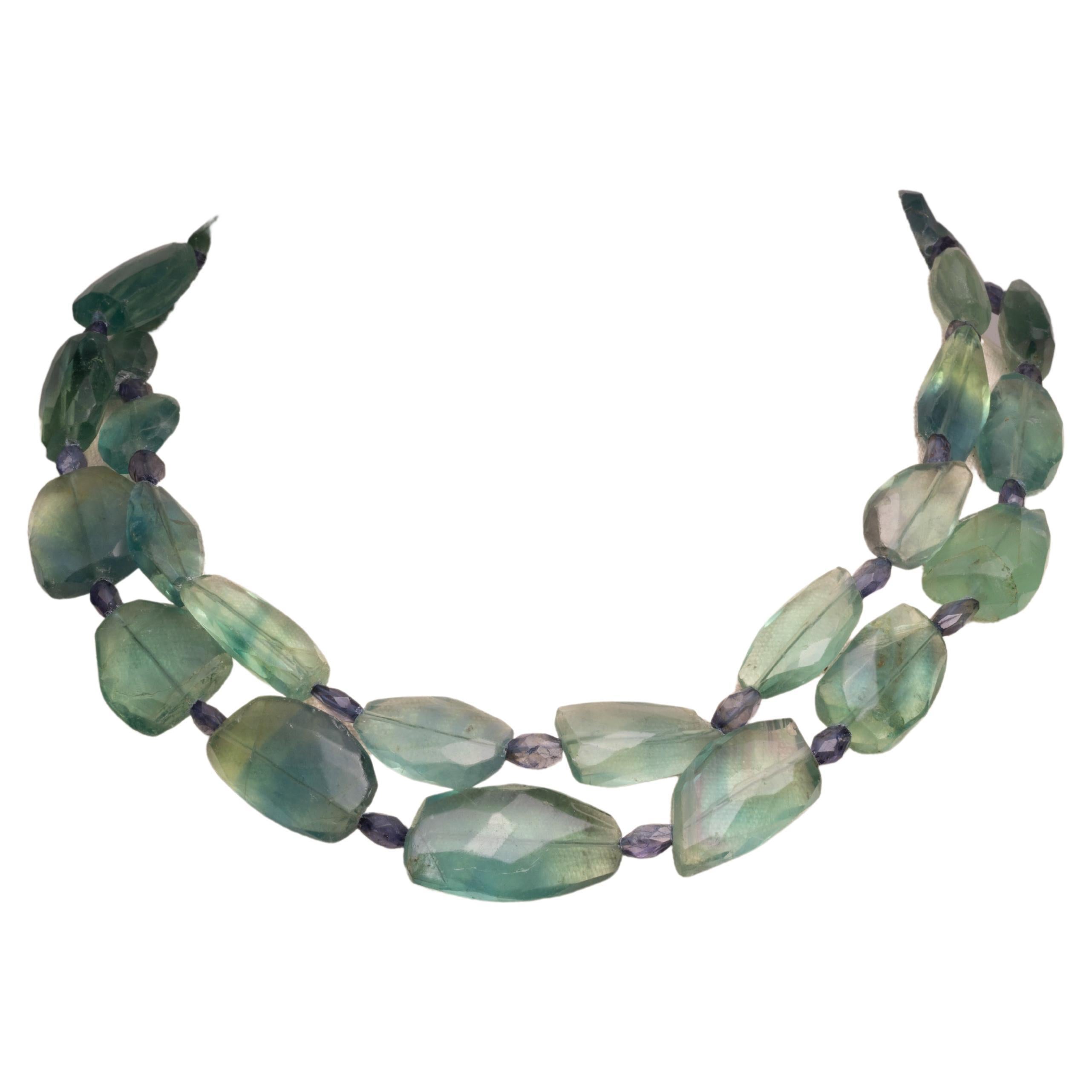 Faceted Fluorite and Iolite Double Strand Beaded Necklace For Sale