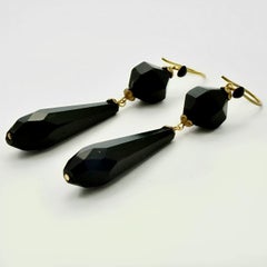Faceted Hand Cut French Jet Drop Earrings with Gold Tone Hooks
