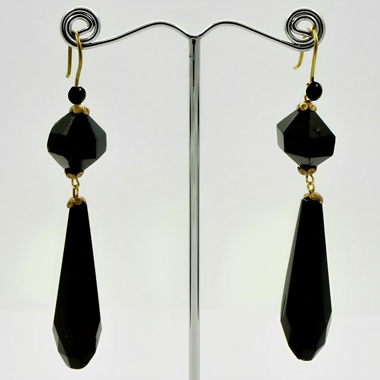 Women's or Men's Faceted French Jet Drop Earrings with Gold Tone Hooks For Sale