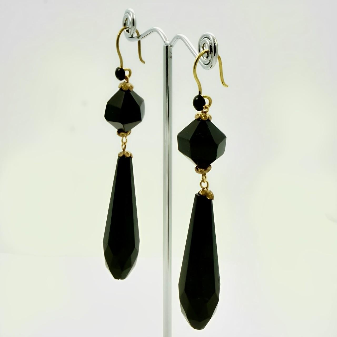 Faceted French Jet Drop Earrings with Gold Tone Hooks For Sale 1