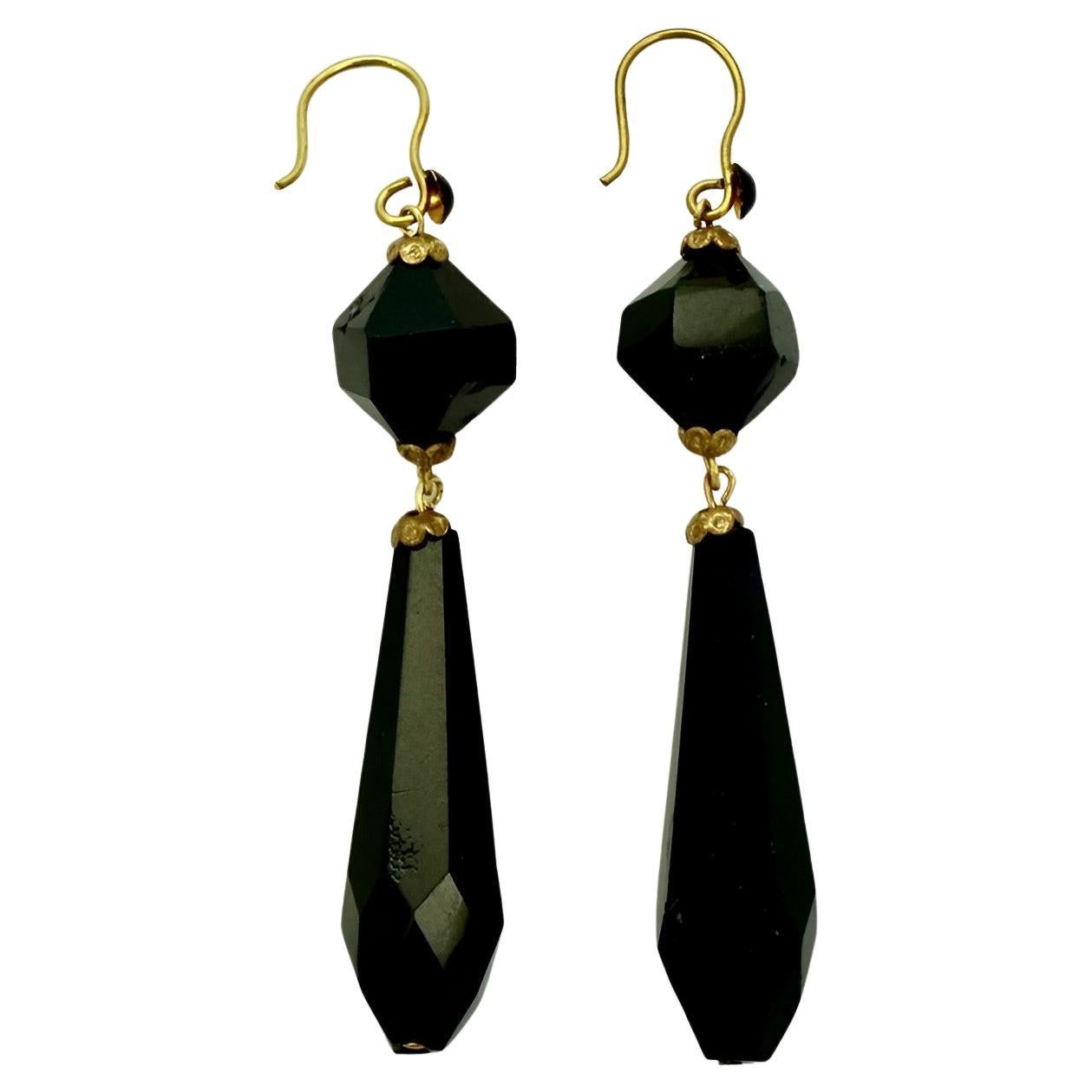 Faceted French Jet Drop Earrings with Gold Tone Hooks For Sale