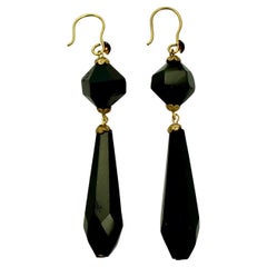 Vintage Faceted French Jet Drop Earrings with Gold Tone Hooks