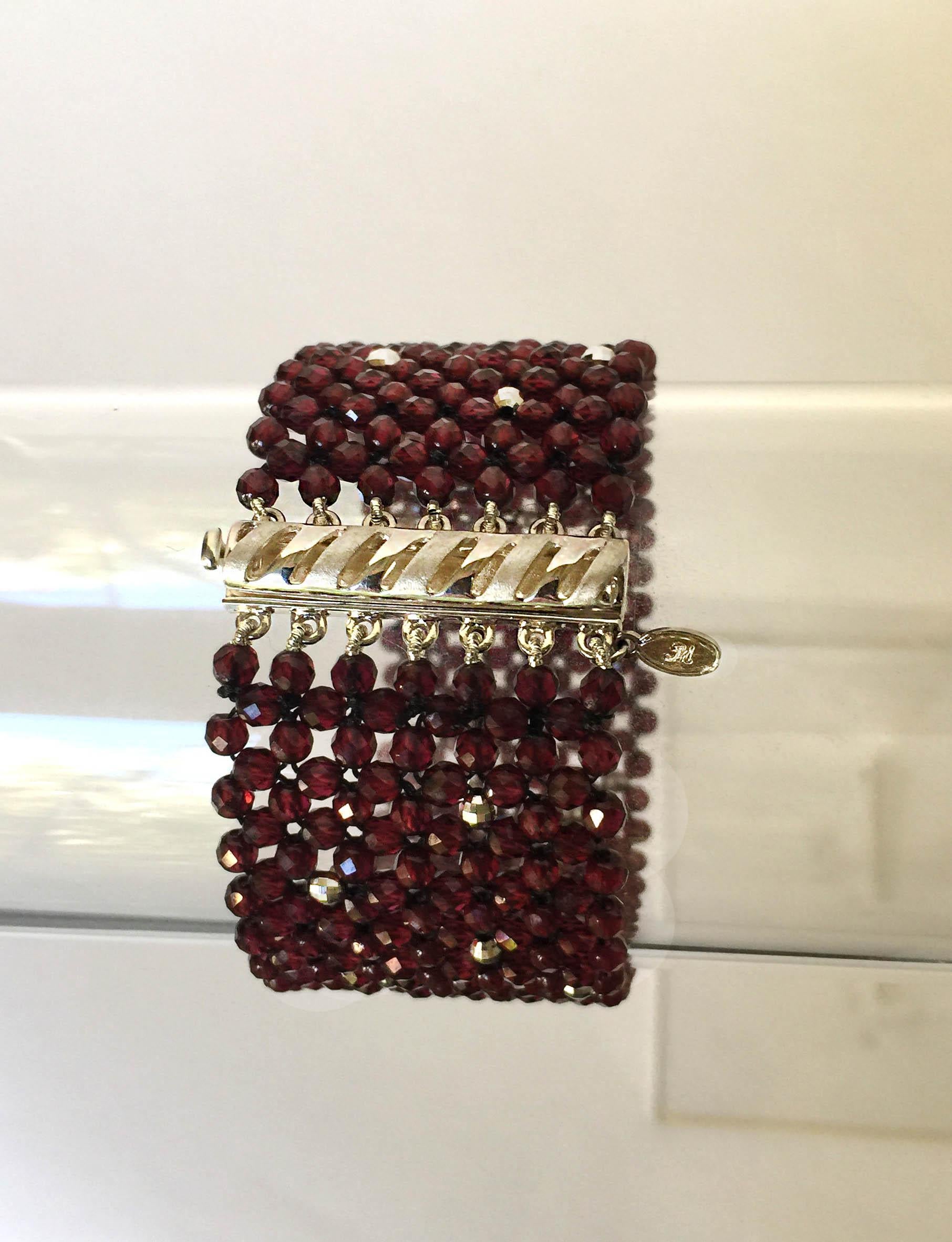 Marina J. Bracelet of Woven Faceted Garnet beads and Sterling Silver Clasp  In New Condition For Sale In Los Angeles, CA